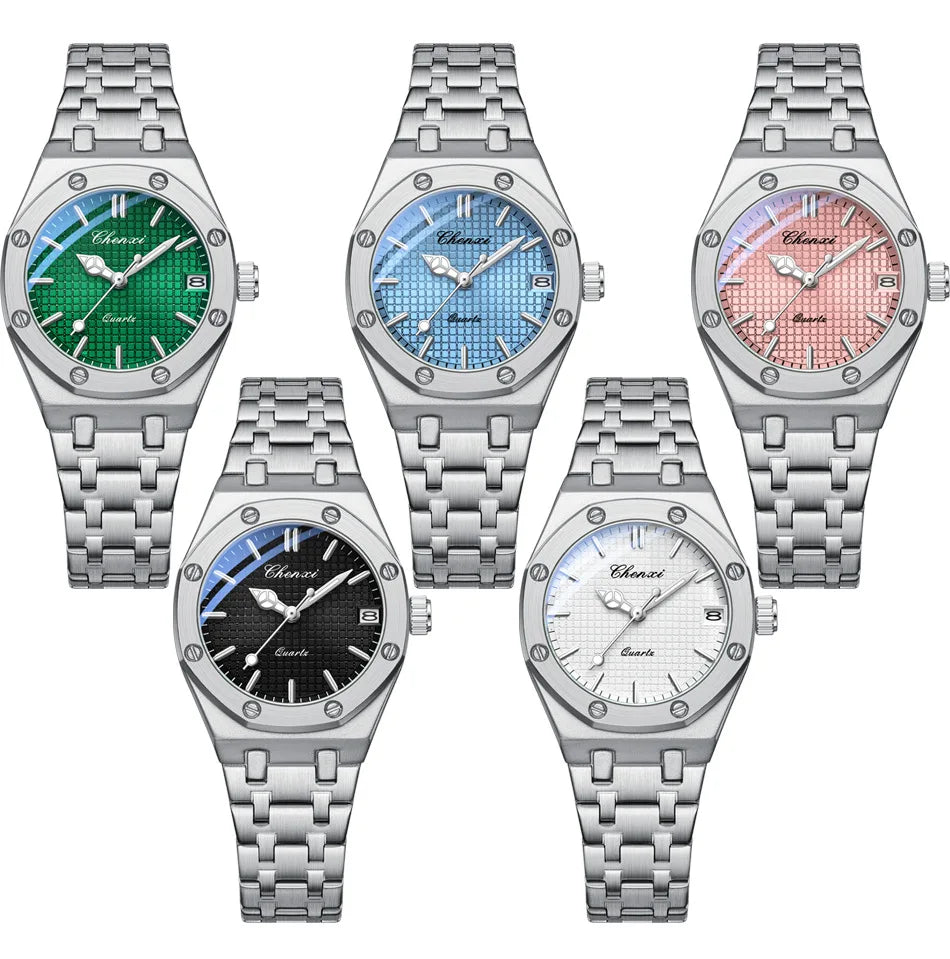 Five luxury silver stainless steel women's analogue watches with textured dials in green, blue, pink, black, and white.