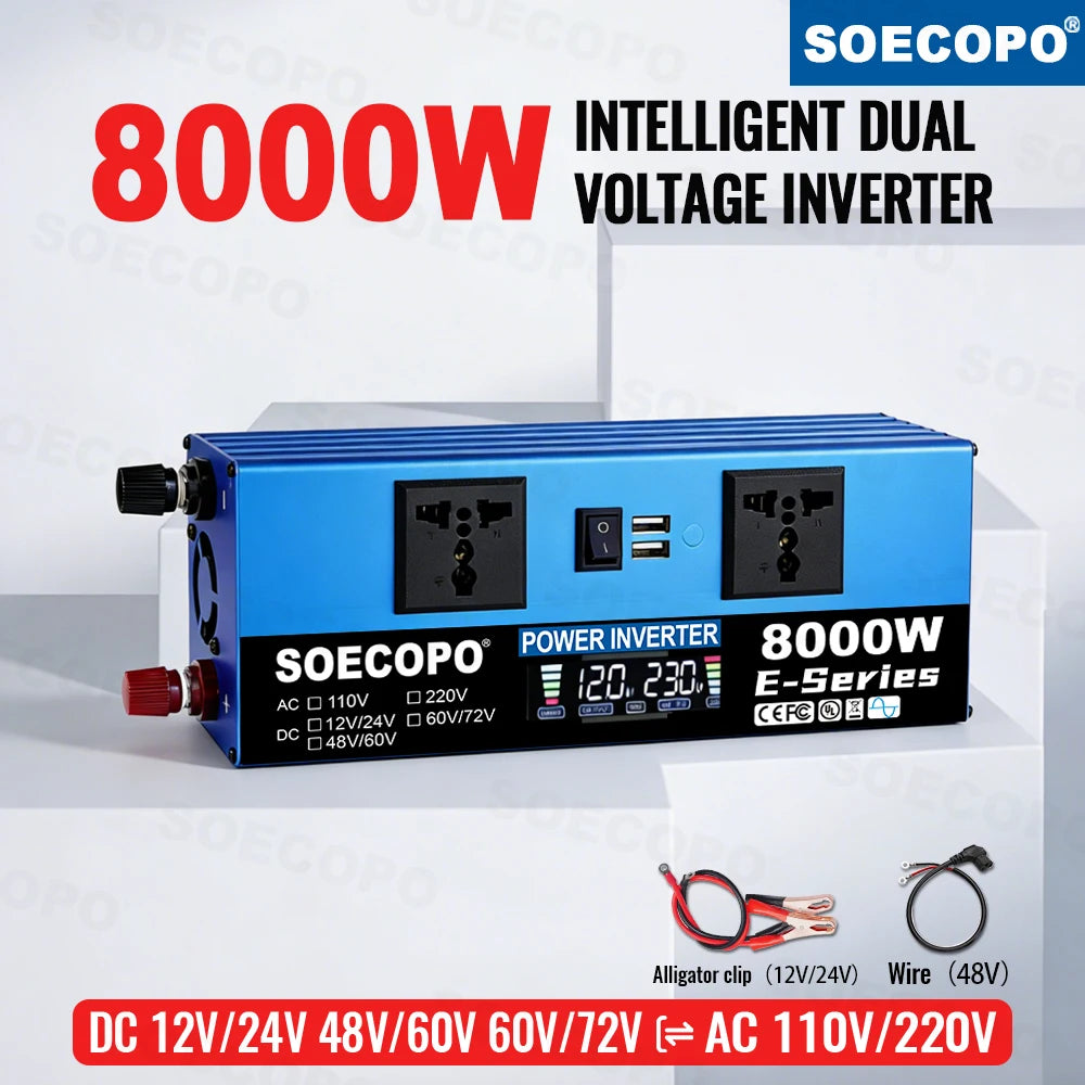 Blue 8000W car power inverter with two AC sockets, a digital display, USB ports, and included connector cables.