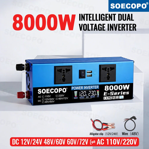 Blue 8000W car power inverter with two AC sockets, a digital display, USB ports, and included connector cables.