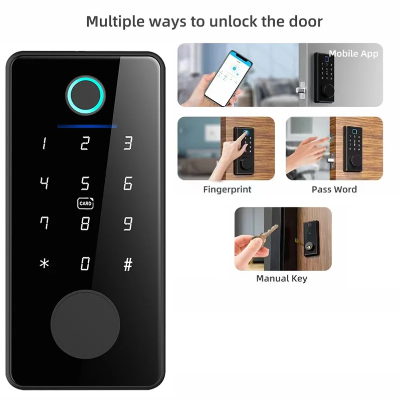 Black digital door lock with keypad, fingerprint scanner, and card reader. Supports app, key, and code access.