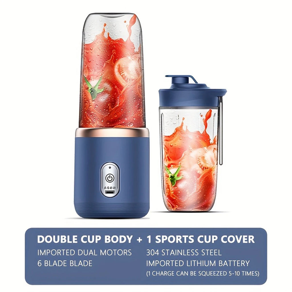 Portable blue personal blender with two cups, featuring a sleek design, stainless steel blades, and USB charging.