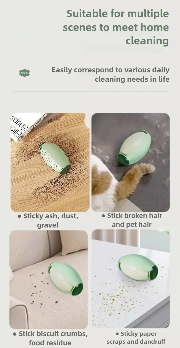 A sage green handheld sticky roller cleaning debris, pet hair, and crumbs from various surfaces in a home.
