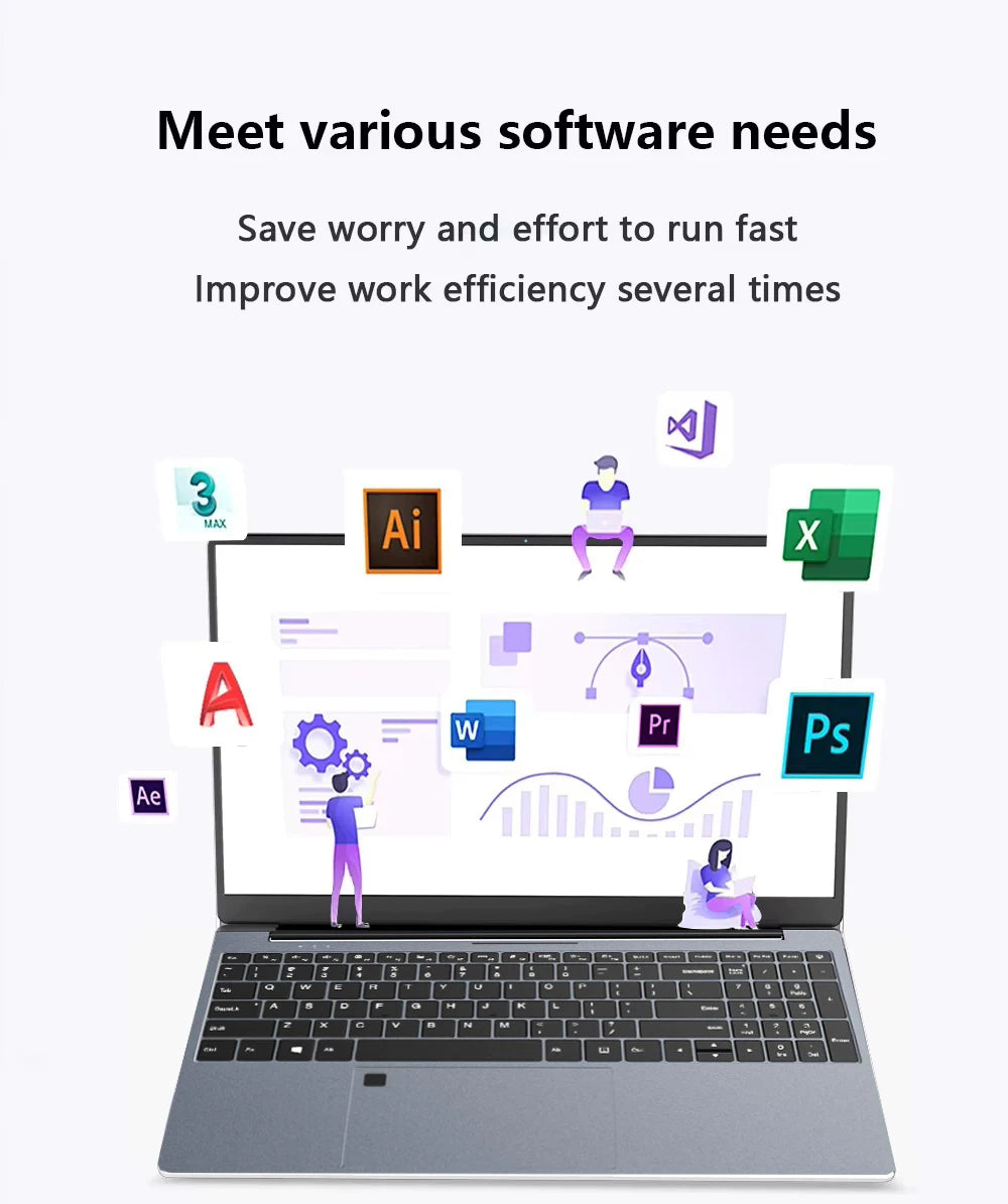 Ultra-slim 15.6-inch grey laptop, showing efficient performance for professional design and office software.