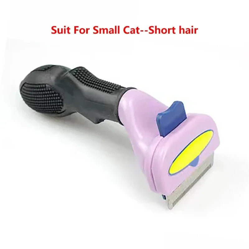 A lilac and black deshedding brush for short-haired cats, featuring a textured grip and a release button.