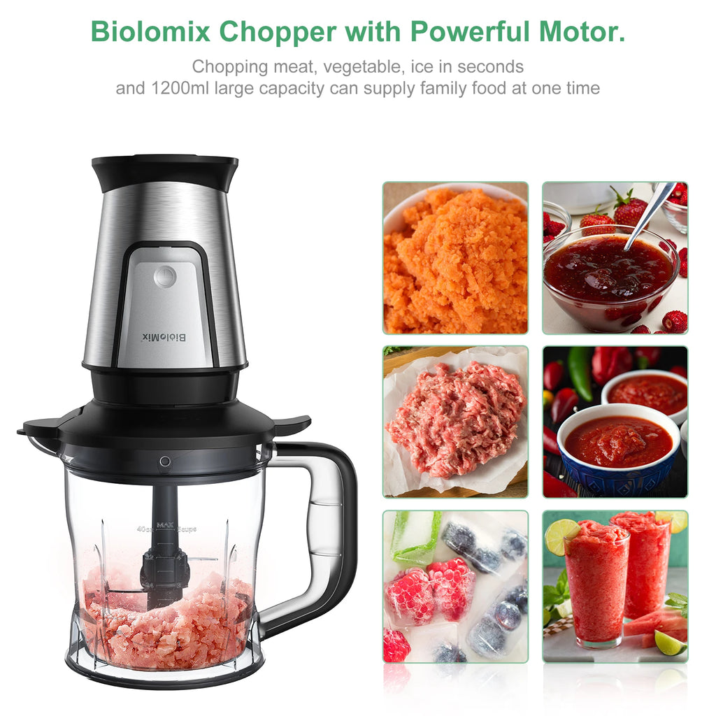 Stainless steel electric food chopper with clear 1200ml glass bowl, black accents, and four-blade mixing system.