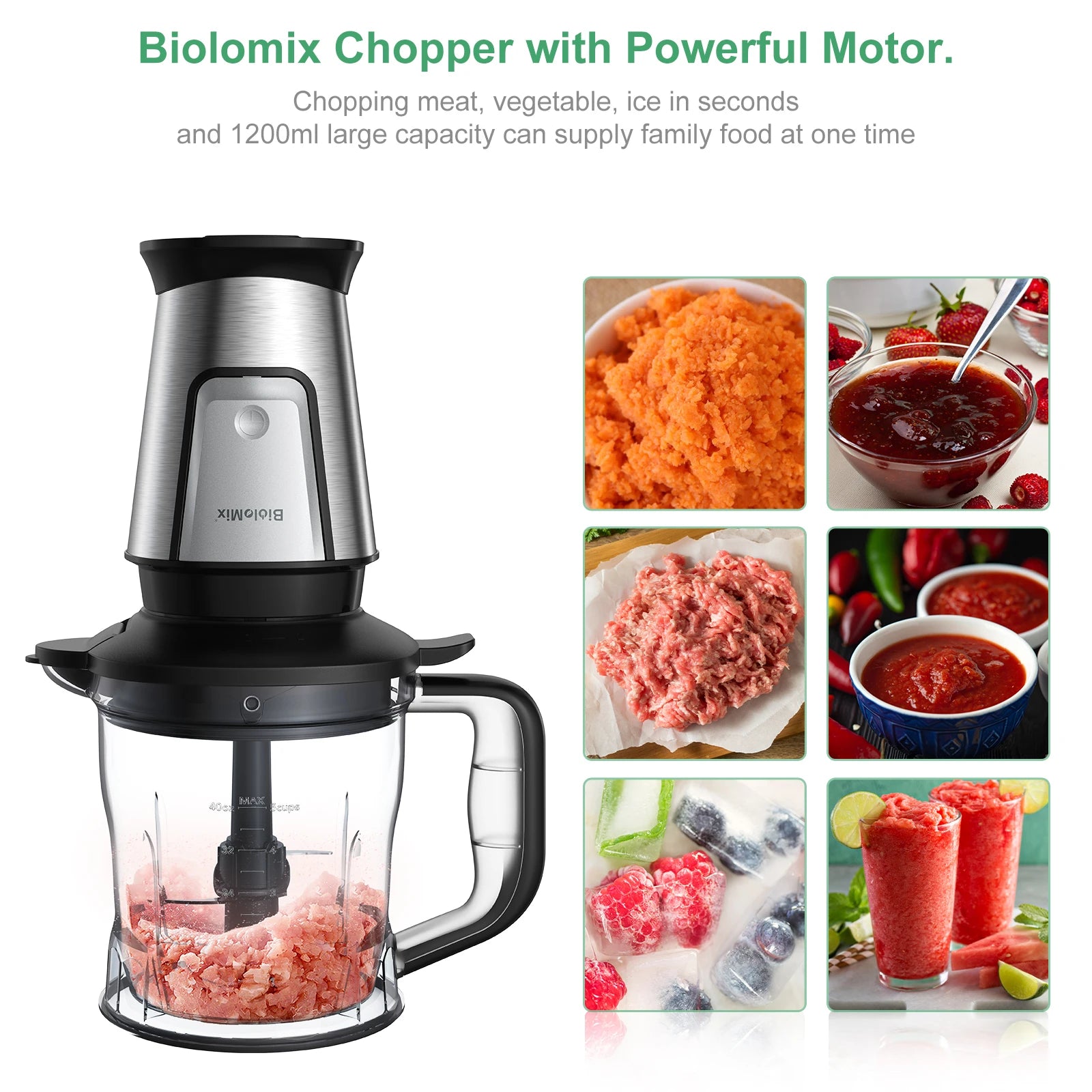 Stainless steel electric food chopper with clear 1200ml glass bowl, black accents, and four-blade mixing system.