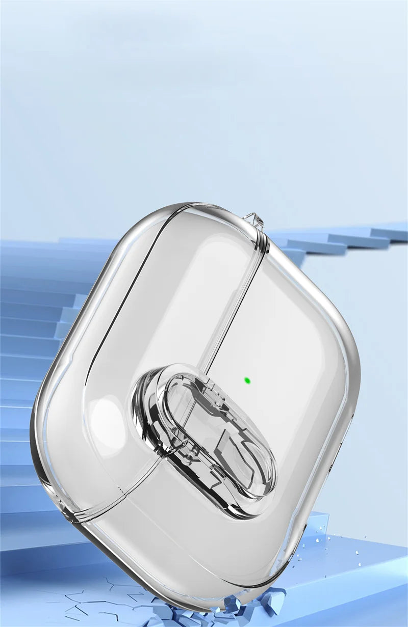 Clear protective case for AirPods Pro, featuring a secure locking latch mechanism on a light blue background.