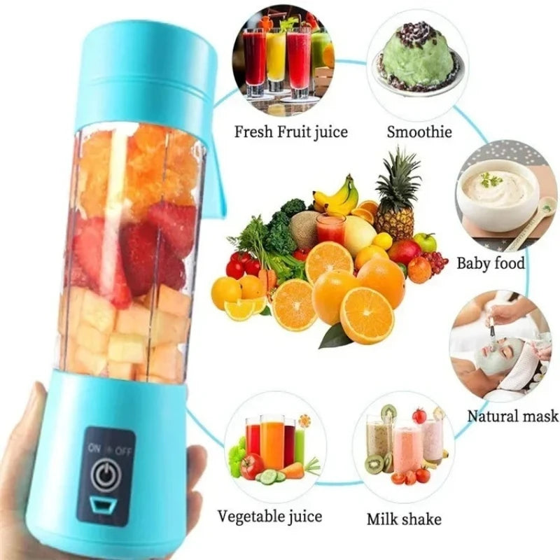 Portable light blue electric blender with fruits, showing uses like juices, smoothies, and baby food preparation.