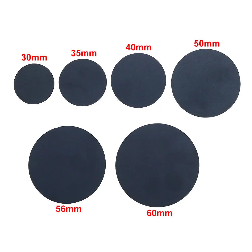 Six flat, black circular discs of varying sizes, labeled from 30mm to 60mm in diameter against a white background.