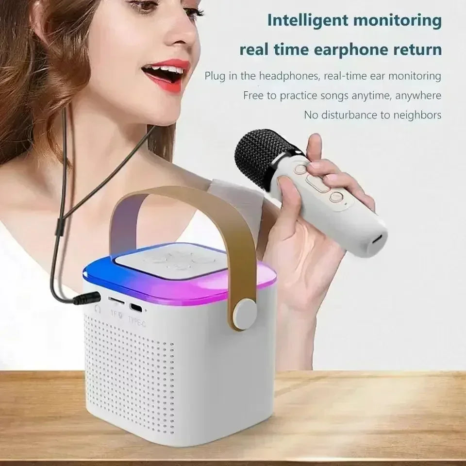 Portable white Bluetooth karaoke speaker with RGB lighting, leather handle, and a wireless microphone for live singing.