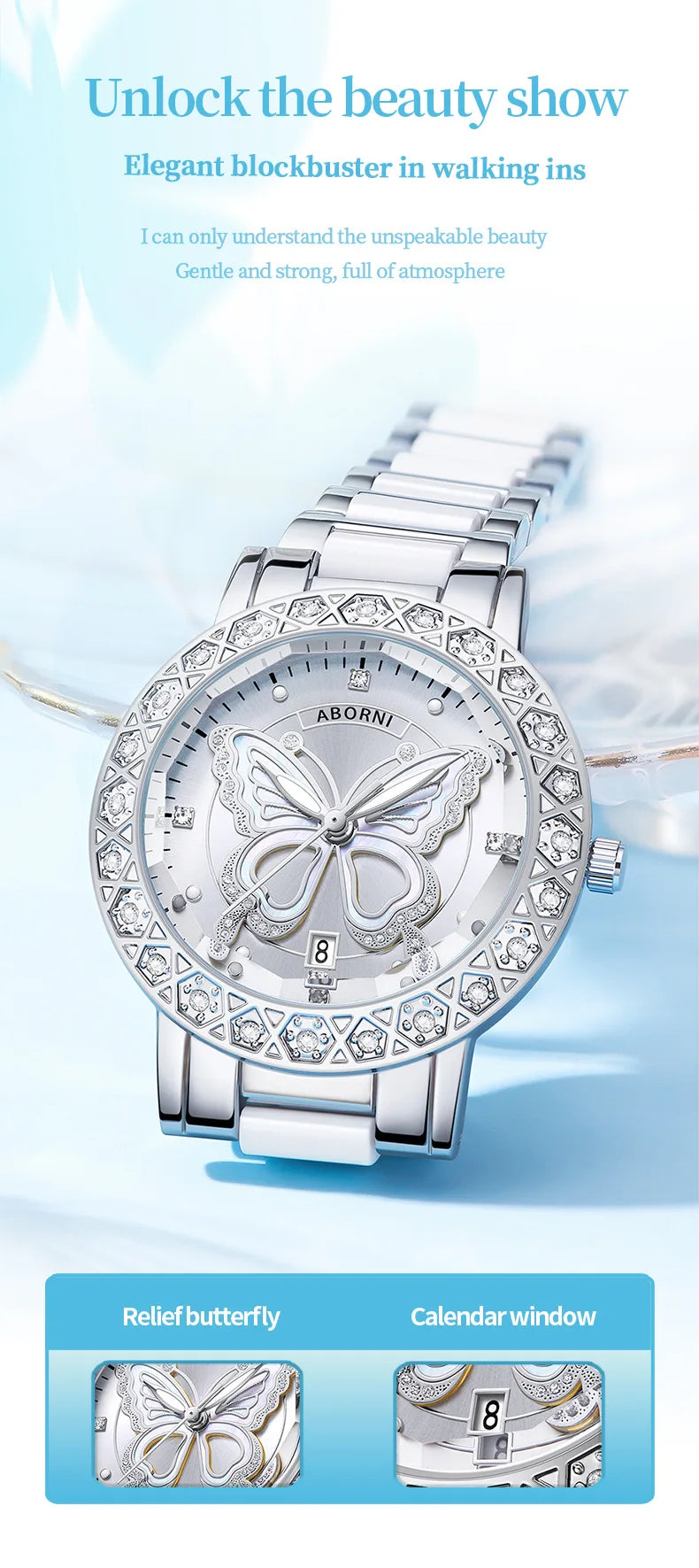 Luxury silver and white watch featuring a diamond-set bezel, butterfly dial motif, and a date calendar window.