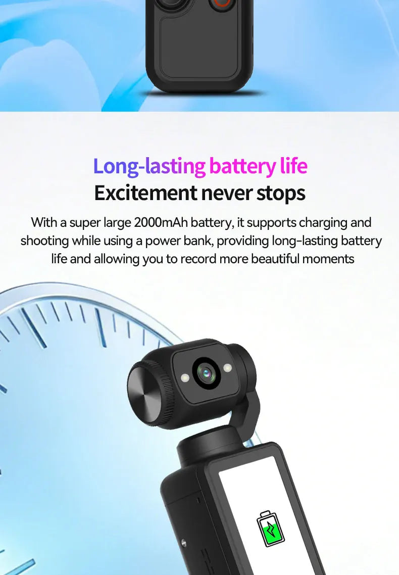 Black handheld gimbal camera with a 2000mAh battery, shown with a screen display against a clock background.