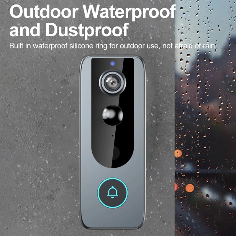 Slim, grey smart video doorbell with camera, motion sensor, and a glowing blue ring doorbell button. Waterproof design.