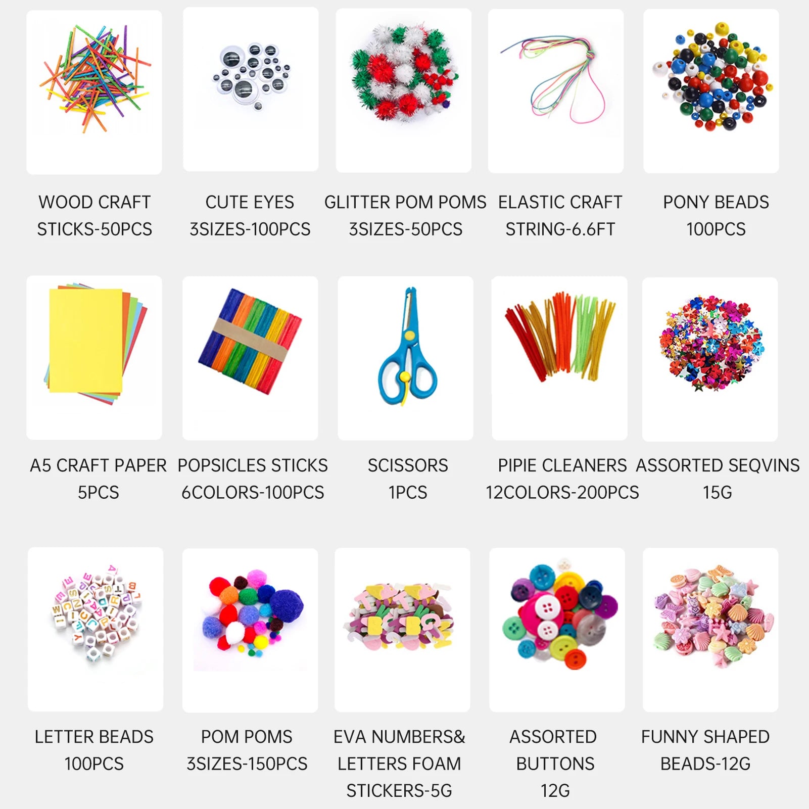 Grid of 15 colourful kids' craft supplies including beads, pom-poms, craft sticks, paper, scissors, and decorations.
