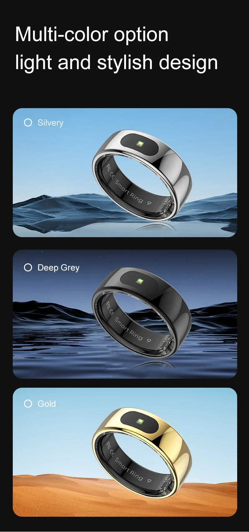 Three stylish smart fitness rings in silver, deep grey, and gold, featuring a sleek band and integrated sensors.