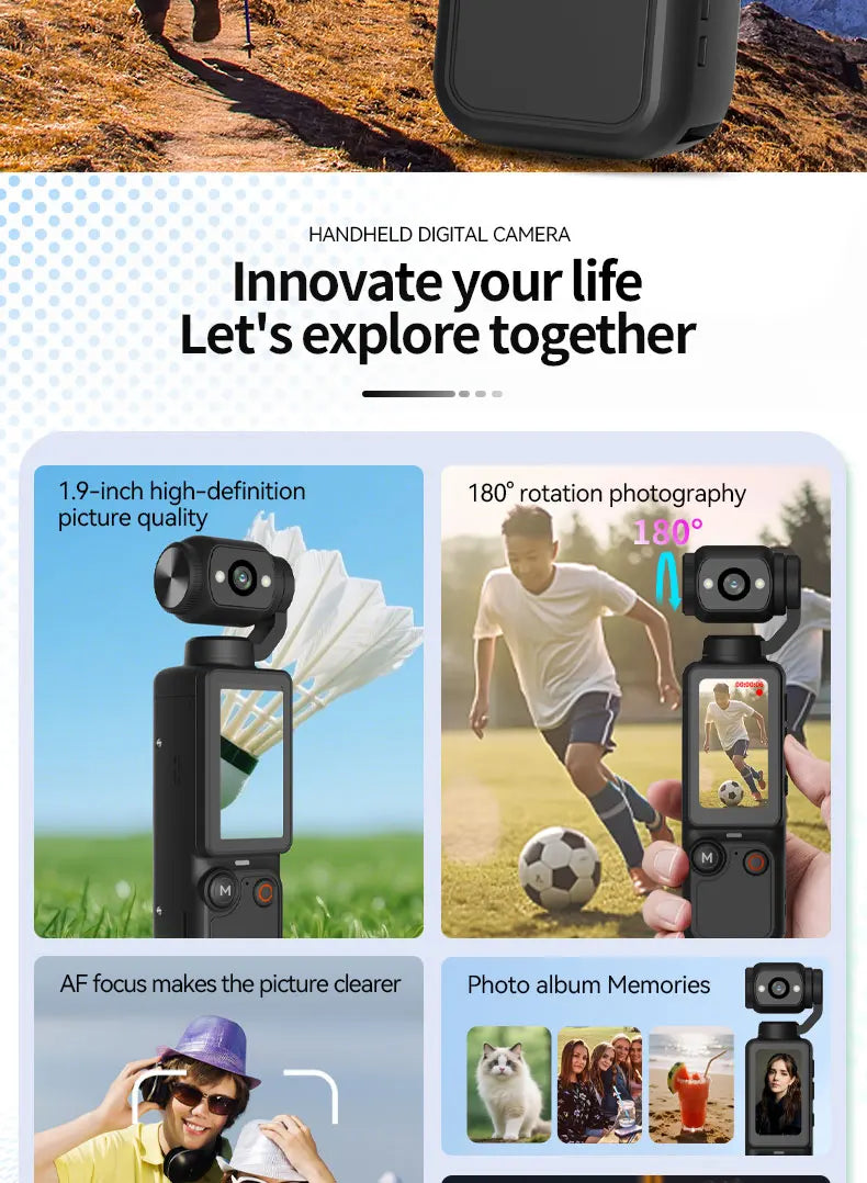 Black handheld digital camera with a 1.9-inch screen and a 180-degree rotating camera lens for photos and video.