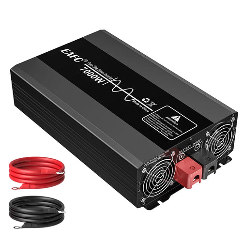 Black pure sine wave power inverter with cooling fans, battery input terminals, and red and black connection cables.
