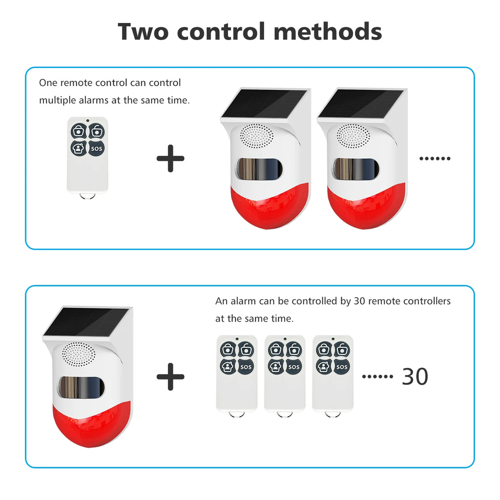 White and red solar security alarms with motion sensors and remote controls. Supports multiple device synchronisation.