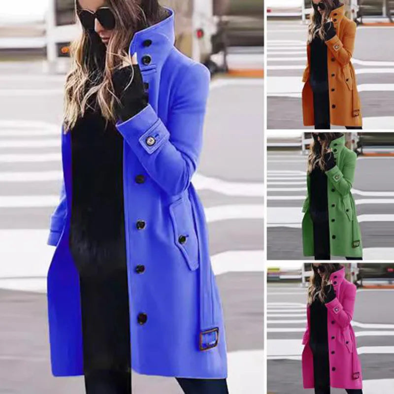 Women's mid-length button-up coat with high collar and belted cuffs, available in blue, orange, green, and pink.