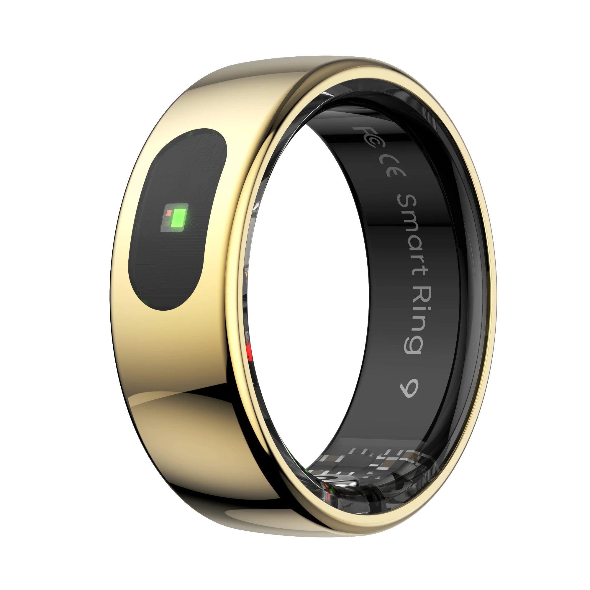 Polished gold smart health tracking ring featuring an inner sensor panel with a glowing green light.