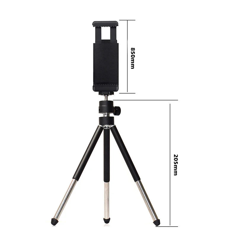 Black adjustable smartphone tripod stand with metal legs and phone clamp. Dimensions shown in mm.