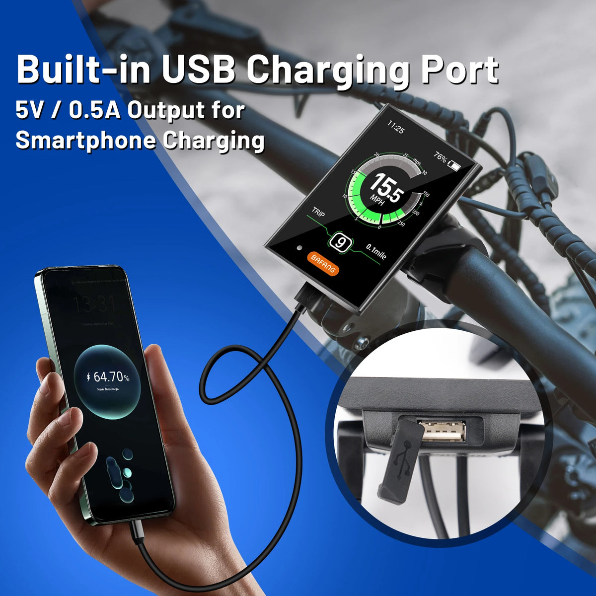 Black Bafang DPC18 electric bike display mounted on handlebars, connected via USB cable to a smartphone being charged.
