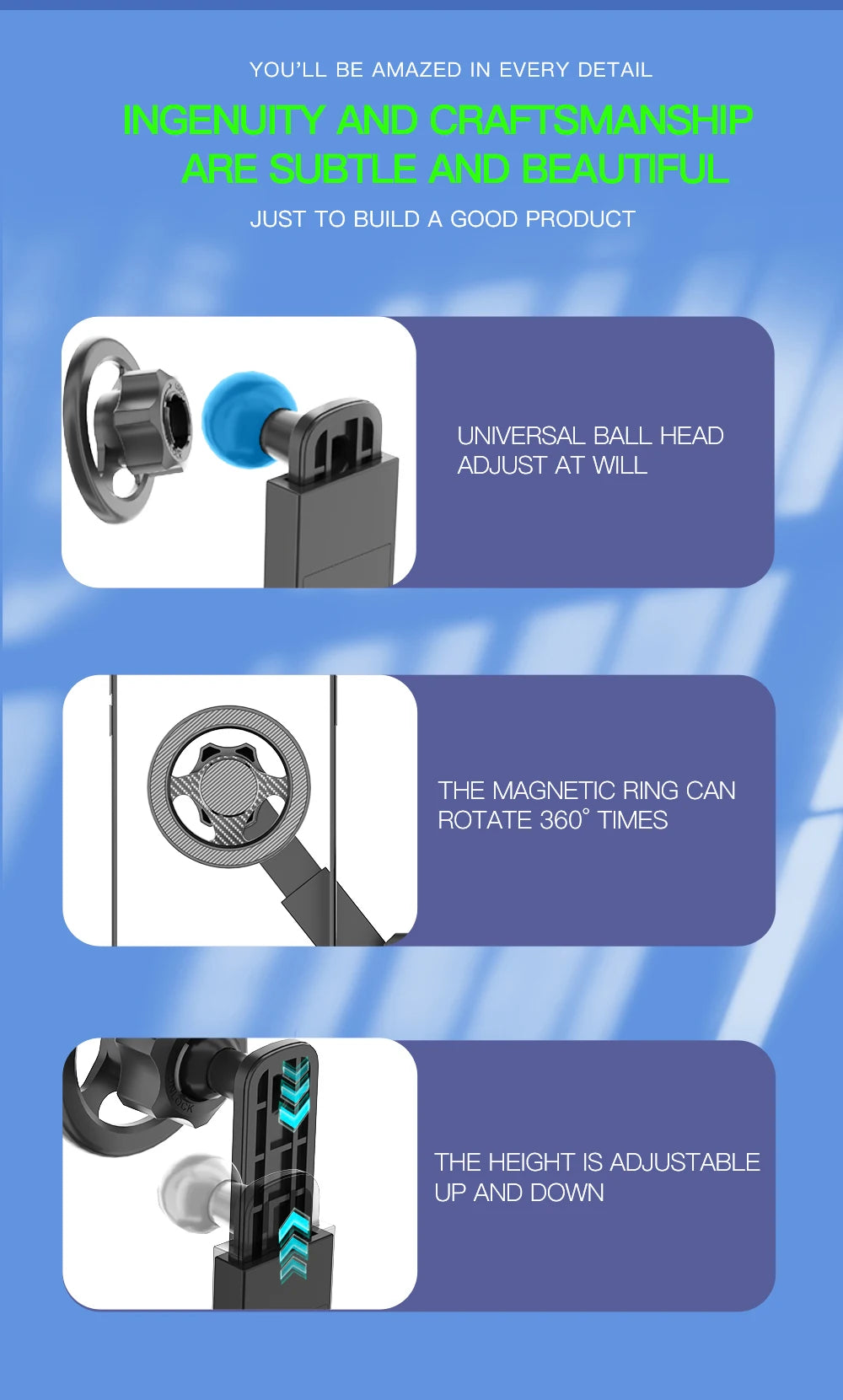 Adjustable black magnetic phone mount for cars, featuring a rotating ball head and extendable arm.