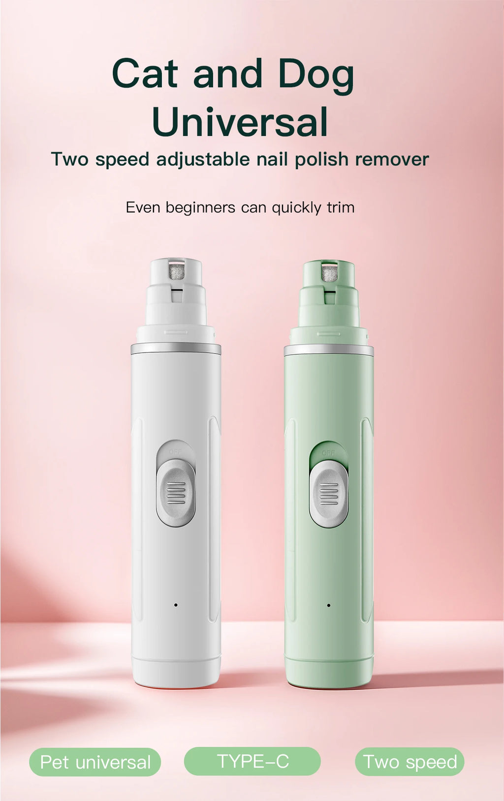 White and mint green electric pet nail grinders with two-speed settings and a rechargeable USB-C design.