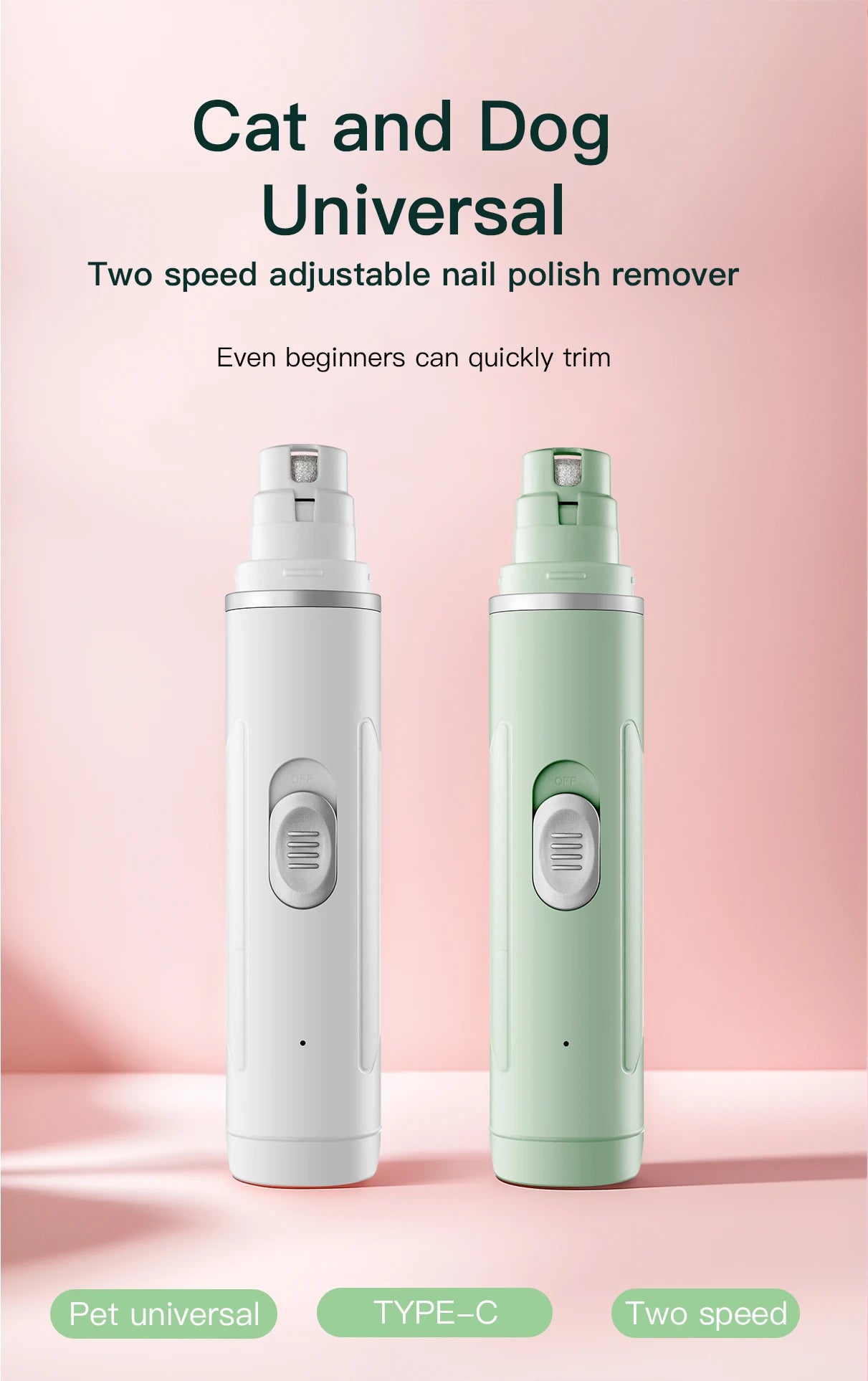 White and mint green electric pet nail grinders with two-speed settings and a rechargeable USB-C design.
