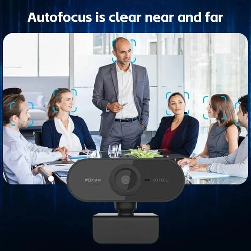 Black 1080P HD webcam with built-in microphone, displaying sharp autofocus in a professional meeting room setting.
