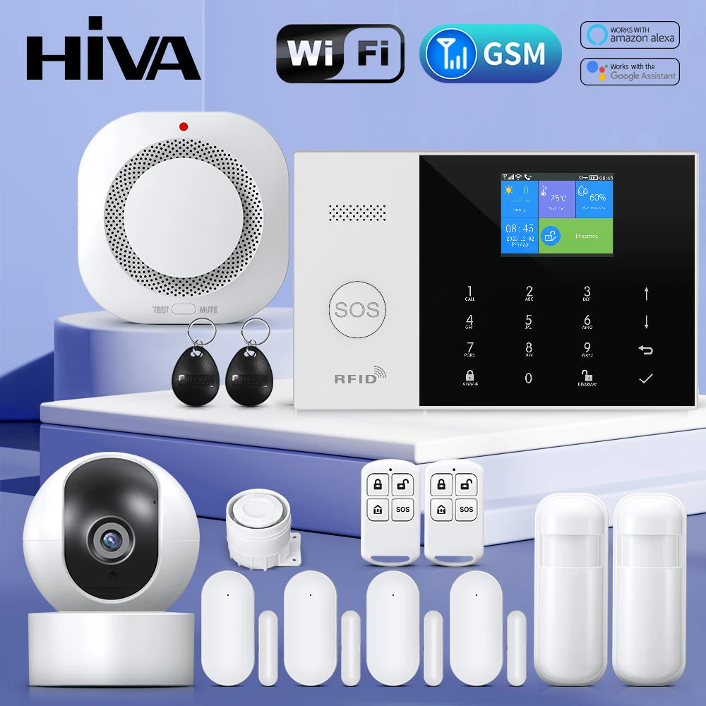 White wireless smart alarm system with touch display, security camera, sensors, remote fobs, and RFID tags.