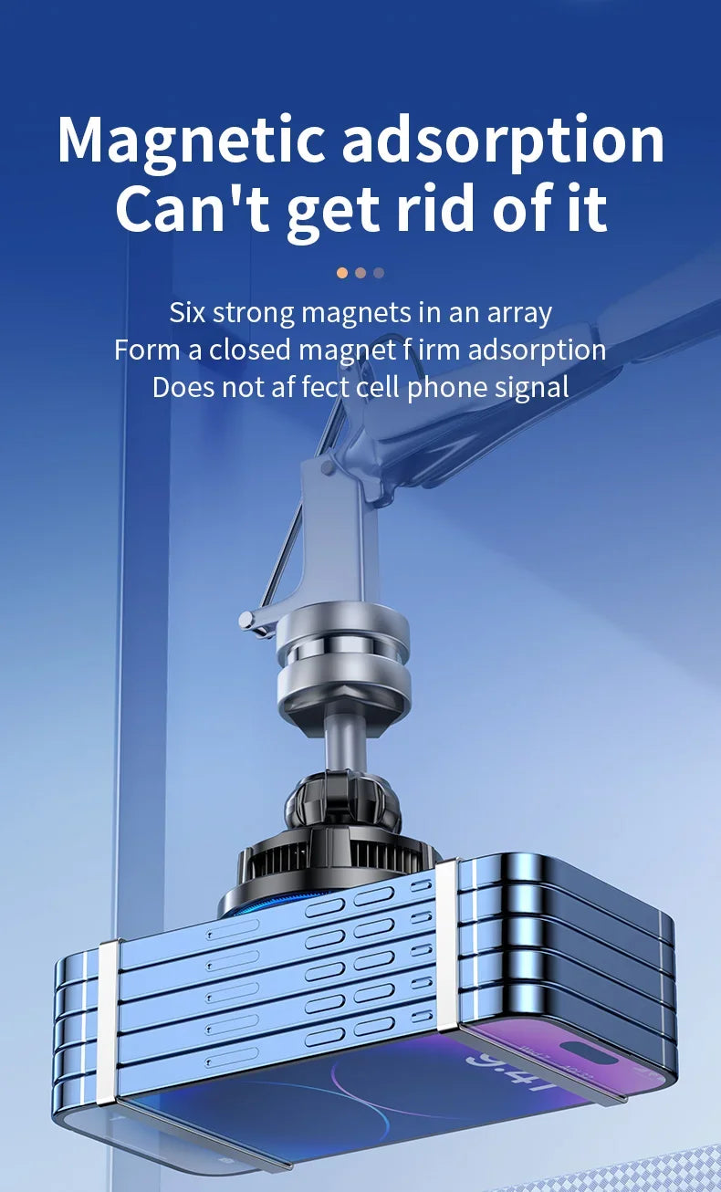 Silver magnetic phone holder arm attached to a stack of blue smartphones against a blue gradient background.