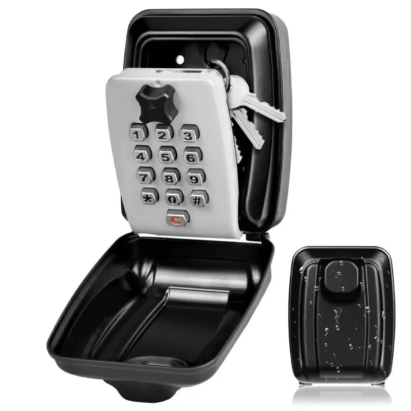 Black metal wall-mounted key lock box with an open hinged lid and a grey numeric keypad inside.