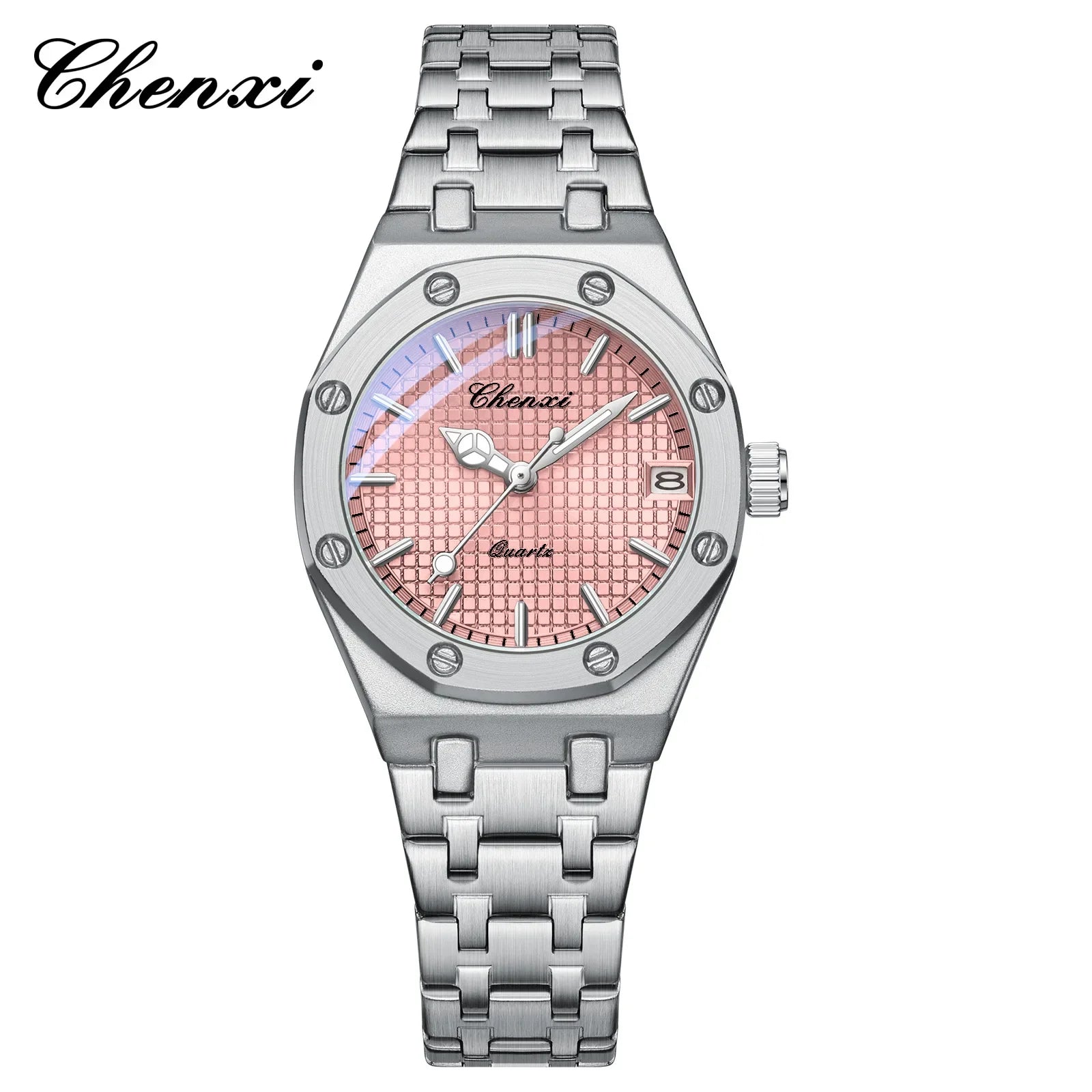 Luxury silver stainless steel analogue watch featuring a textured pale pink dial and a date window.