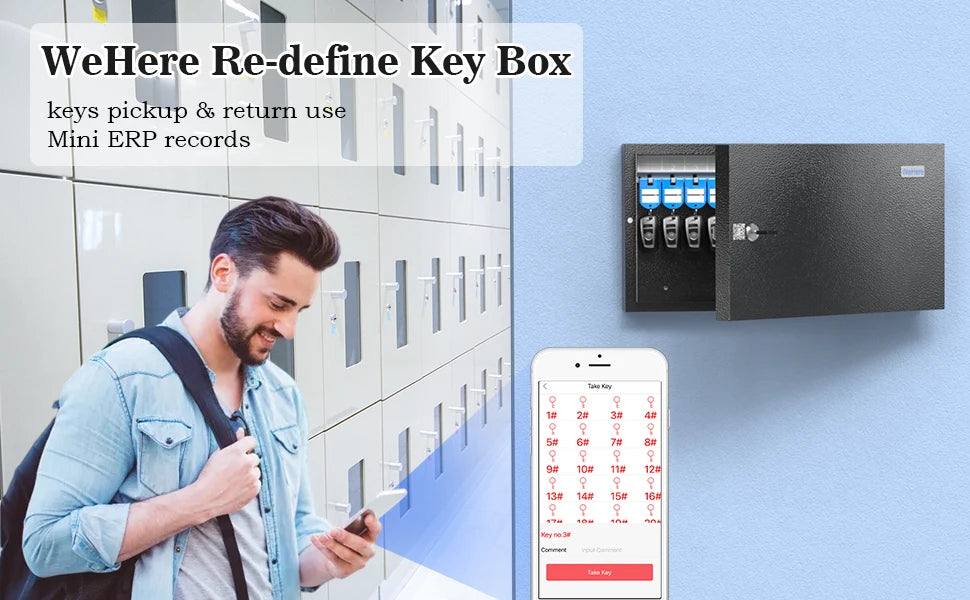 Black wall-mounted metal key storage cabinet with a lock, controlled by a smartphone app.