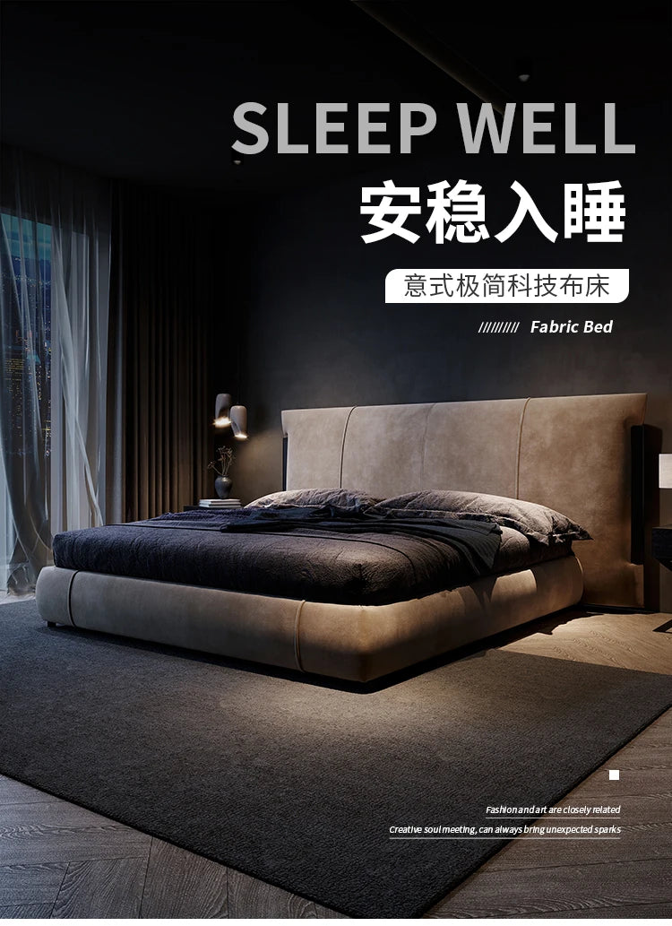 Modern Nordic-style upholstered bed in taupe fabric, featuring a sleek, low-profile frame and padded headboard.
