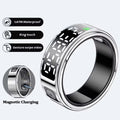 Silver smart health ring with a digital display, touch control, gesture swipe, magnetic charging, and waterproof design.