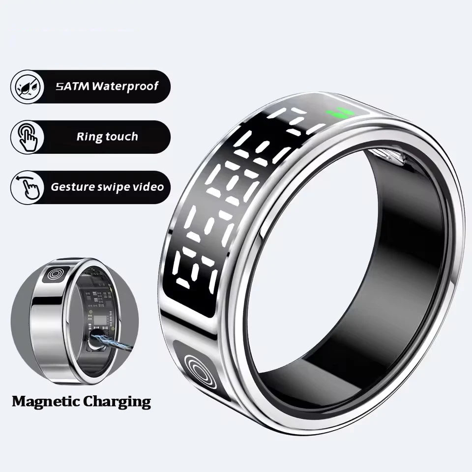 Silver smart health ring with a digital display, touch control, gesture swipe, magnetic charging, and waterproof design.
