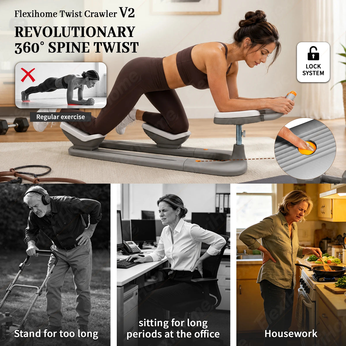 Gray ABS crawling machine with padded arm and knee rests, featuring orange buttons and a lock system.