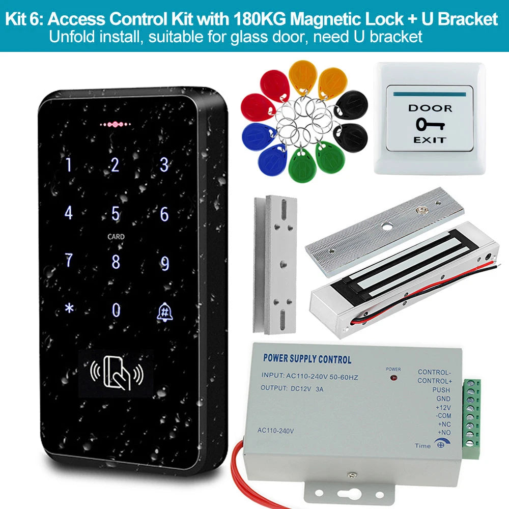 Access control kit with black keypad, metallic magnetic lock, U-bracket, power supply, exit button, and colored tags.