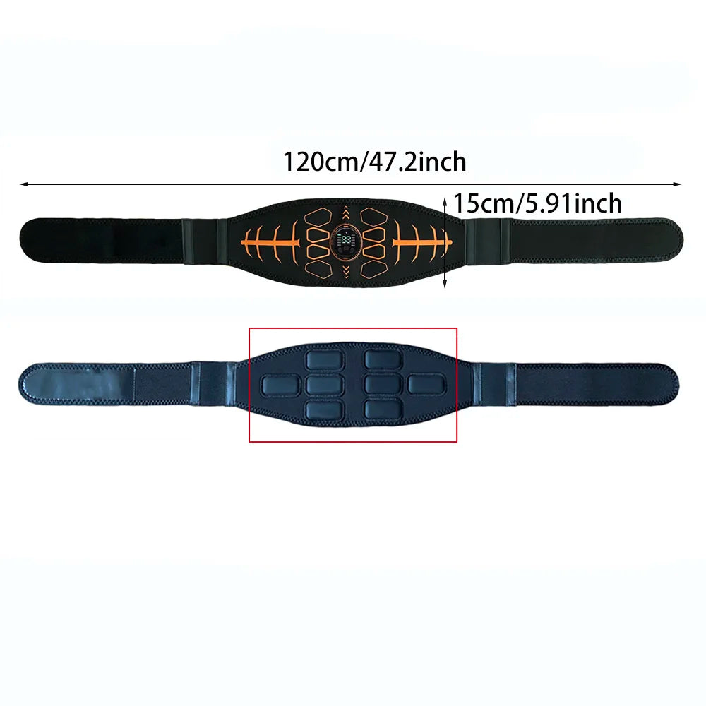 Black EMS abdominal muscle trainer belt with digital display and dimensions (120cm x 15cm).