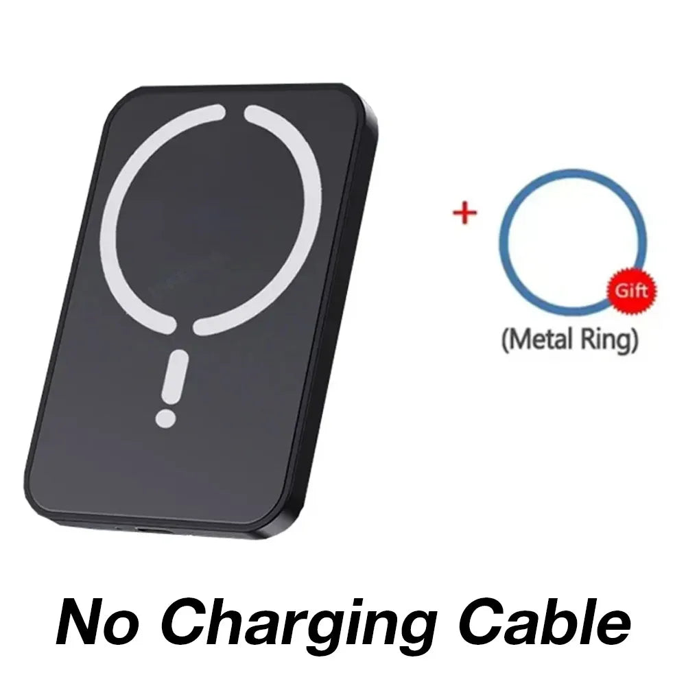 Black magnetic wireless power bank with a white circular logo design and a bonus metal ring. No charging cable.