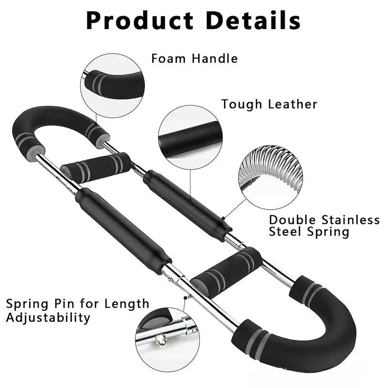 Black adjustable arm trainer with foam handles, leather grip, dual steel springs, and spring adjustment pins.