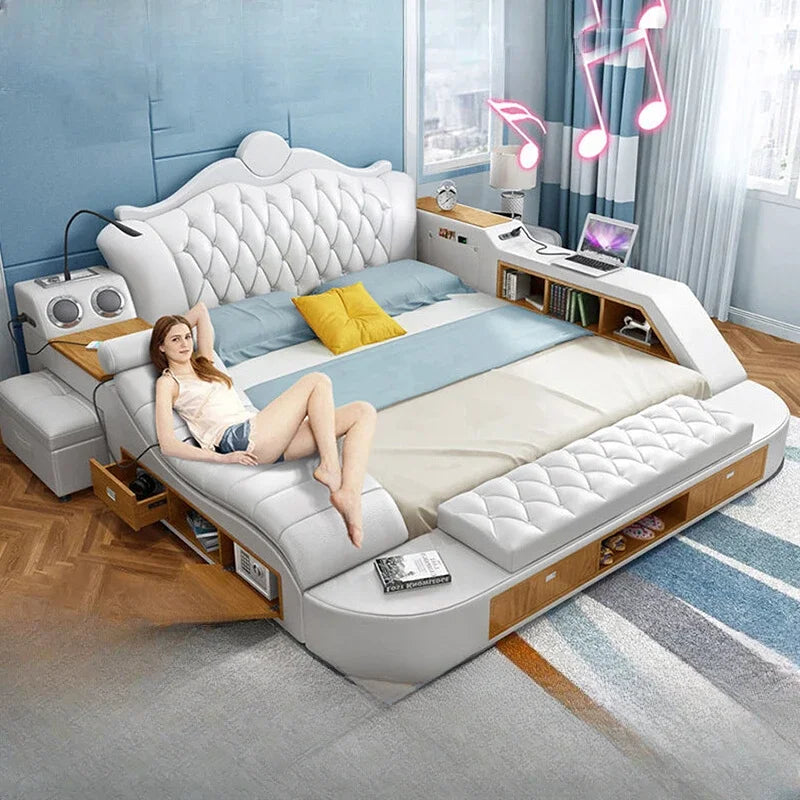 Modern white upholstered double bed with a tufted headboard, integrated storage drawers, shelves, and built-in speakers.