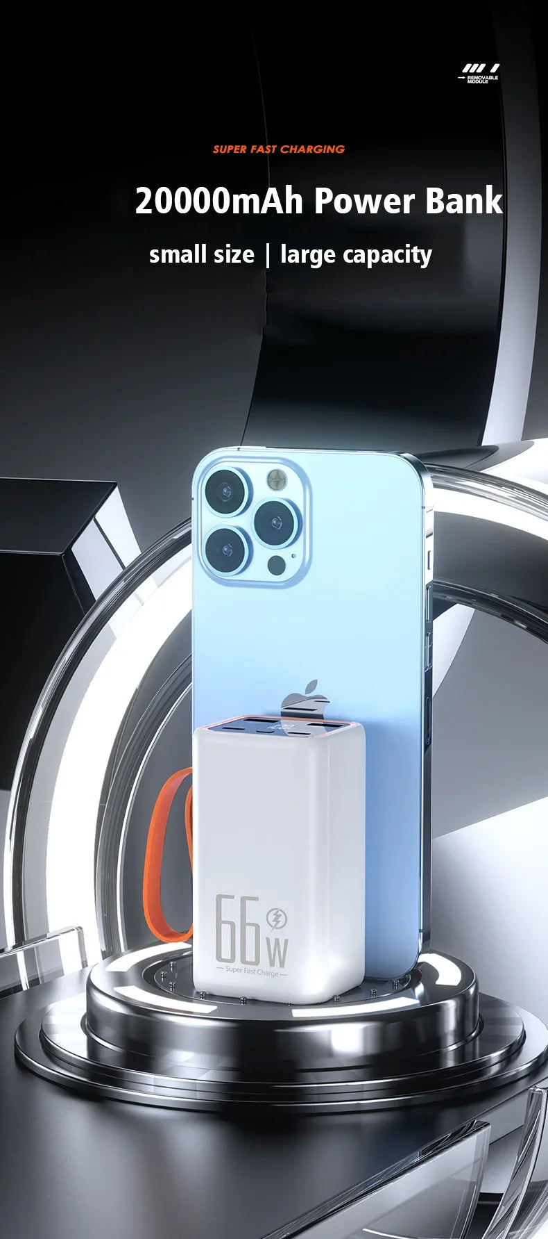 Compact white 20,000mAh power bank with orange strap, showing 66W fast charging capability next to a smartphone.