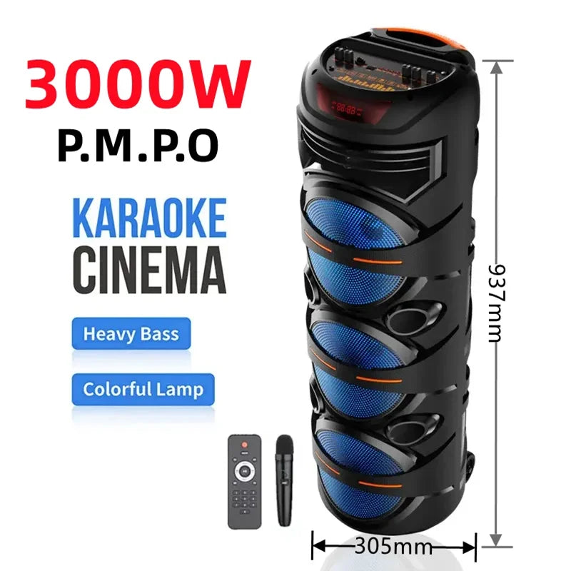 Portable black Bluetooth party speaker with blue light-up speakers, microphone, remote, and heavy bass performance.
