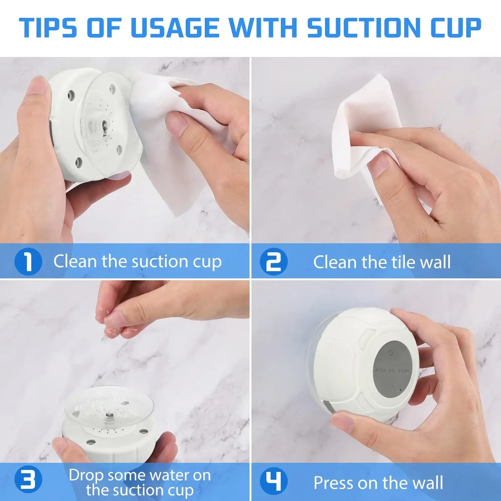 White wireless waterproof Bluetooth speaker showing four steps to attach the suction cup to a tiled wall.