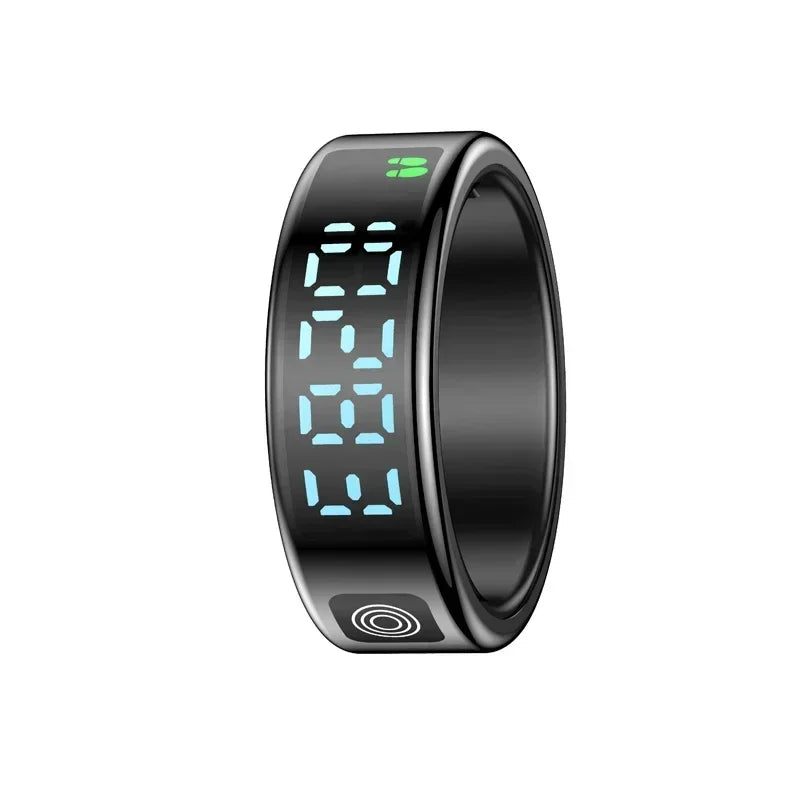 Sleek black smart health ring with a digital display, glowing activity icons, and a touch-sensitive button.