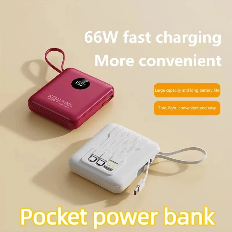 Two compact, square power banks in red and white with carry loops, built-in cables, and a digital LED battery display.
