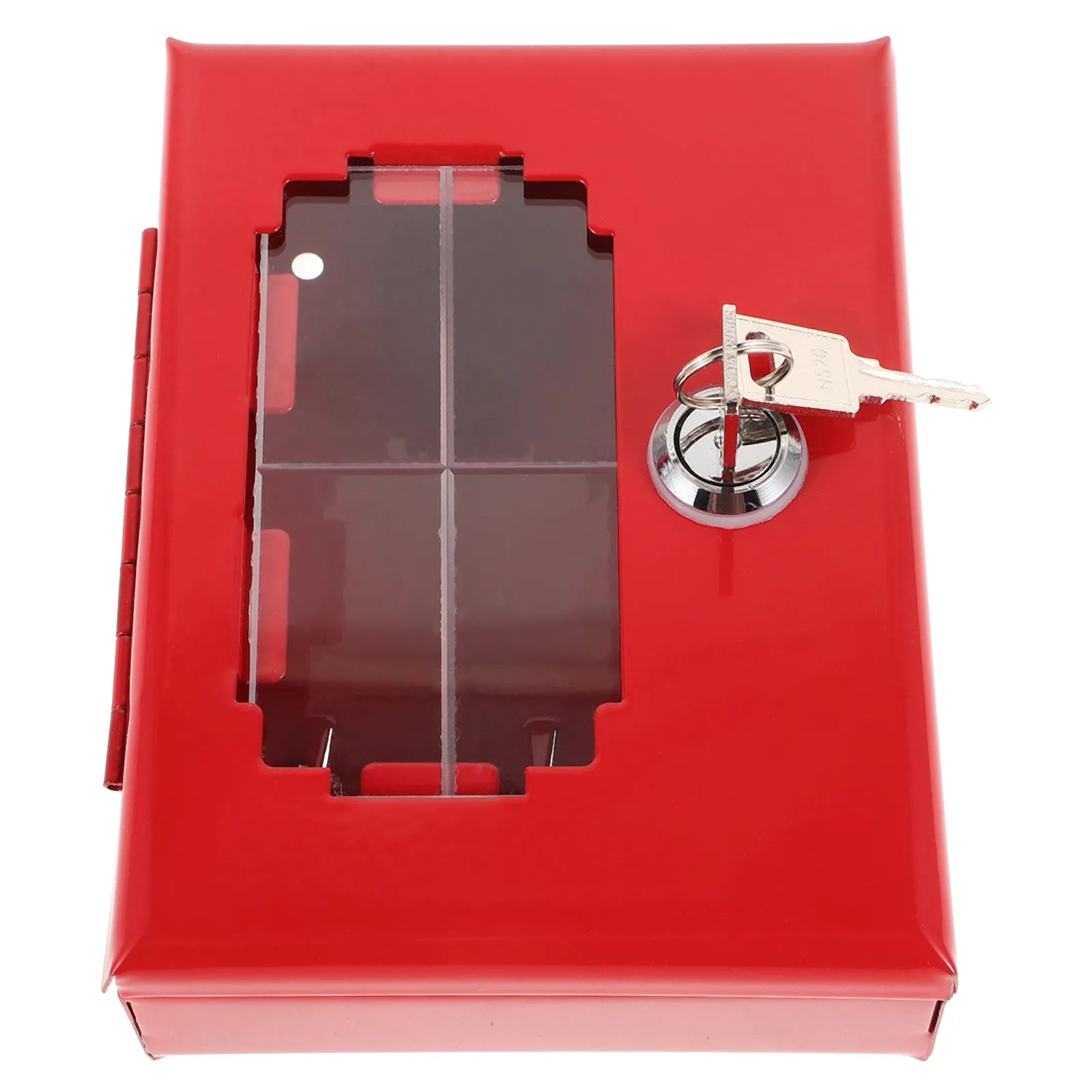 Red metal wall-mounted key box with a clear plastic window and a silver cam lock with key.